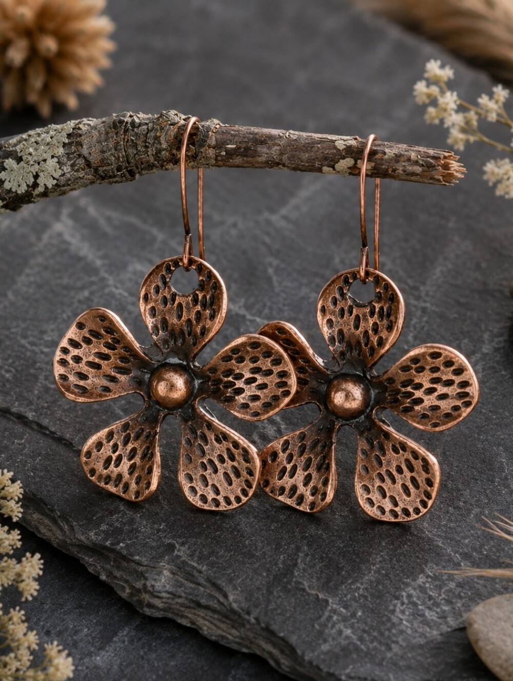 Copper Flower Earrings Rustic Artisan Botanical Jewelry Hand Crafted